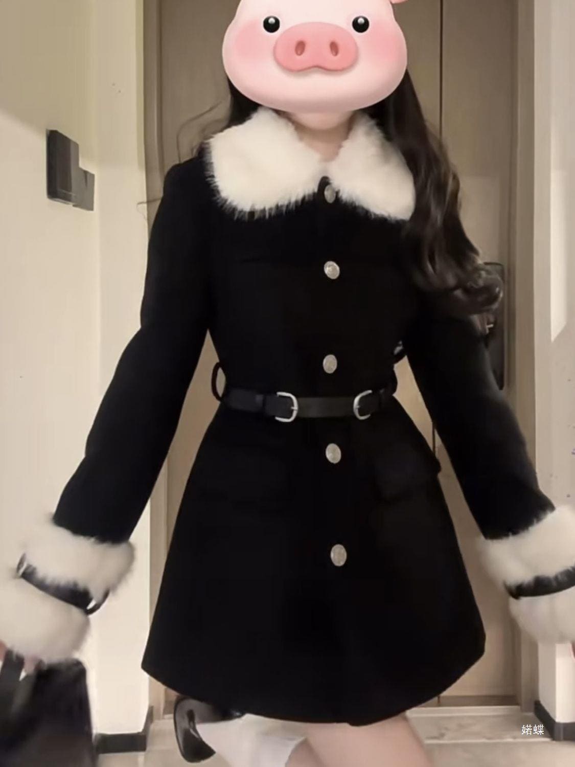ヌーディーリッチ娘カレッジスタイル甘くてクールなブラックウールガールファーカラーコートスイートウエストプラッシュトップ