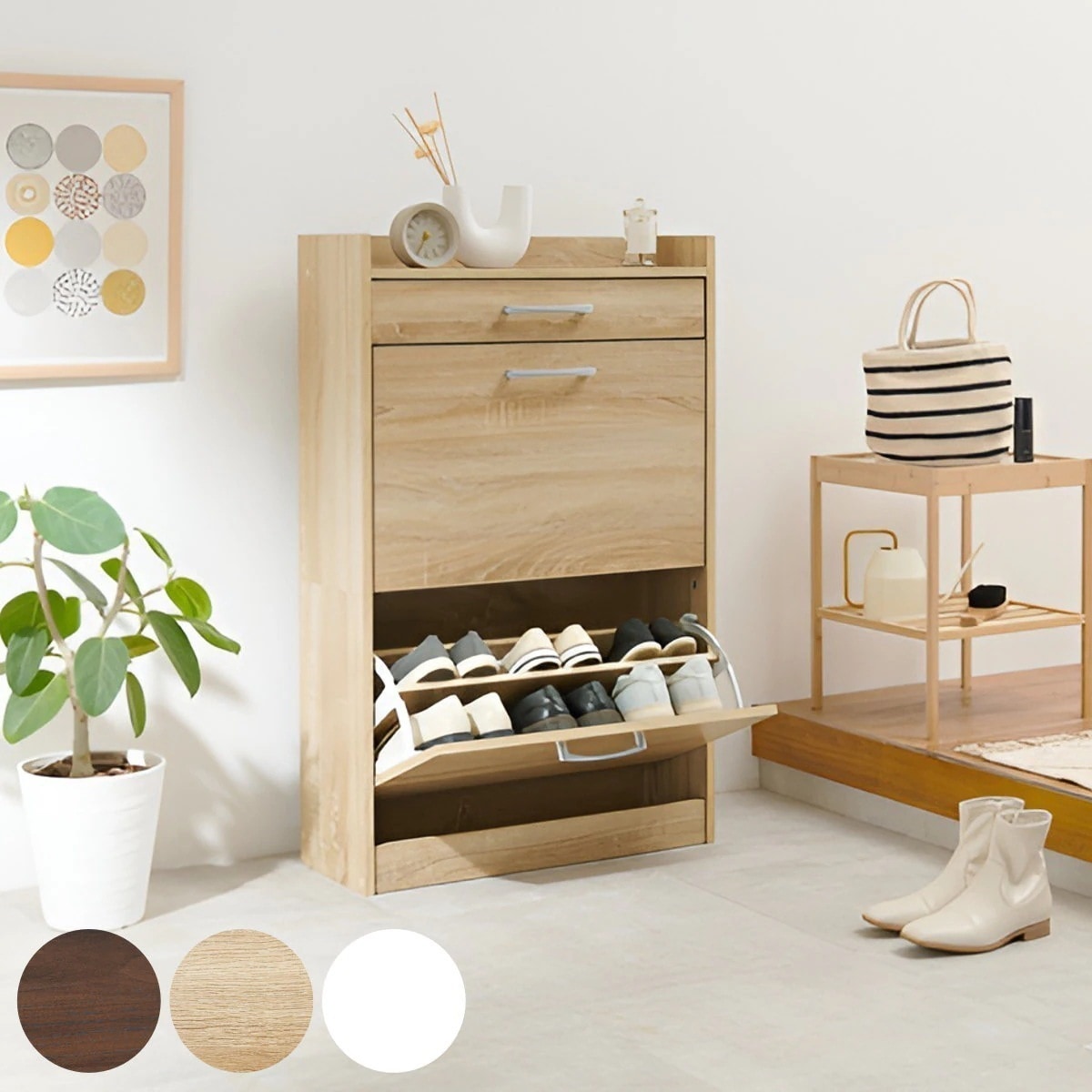 シューズラック 省 スペース 2段 高さ調節 玄関 靴収納 棚 スリム 最大12足収納 奥行24cm フラップ扉 引出し 付き 下駄箱 フラップ式 スリッパラック 玄関小物 木目 収納