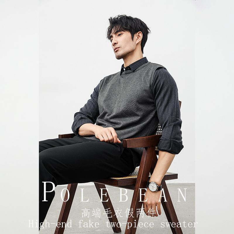 シャツ メンズ 秋 冬 暖かい フェイク ツーピース セーター ビジネス セーター トップス インナー 襟 裏起毛