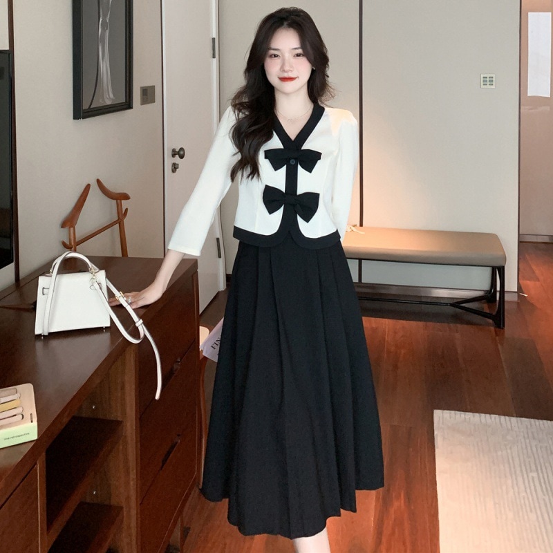 小さな女性のための白いドレス2023新しい秋のスタイルの高級な小さな香りのファッション長袖vネック2点セット