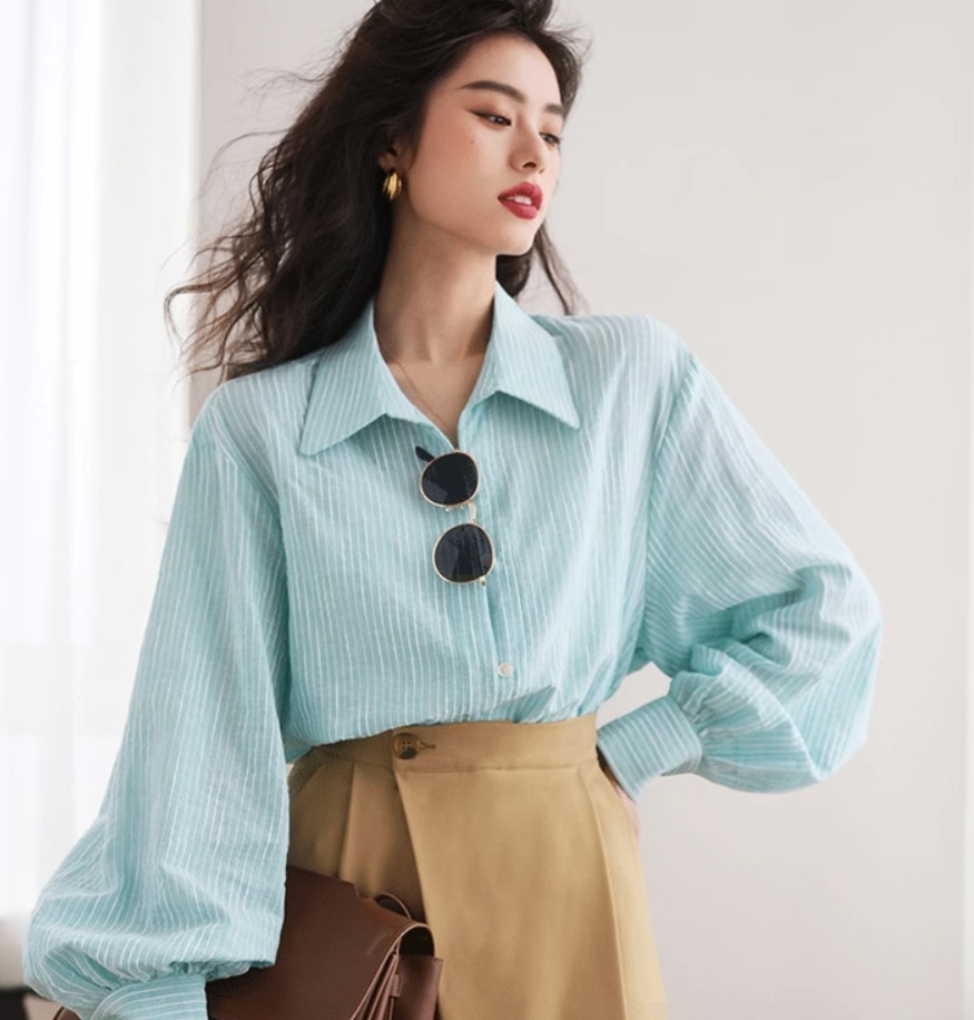 トップス デート モテアイテム シャツ 長袖 ストライプ柄 綿 コットン 大人可愛い きれいめ 上品 おしゃれ かっこいい 大人可愛い ラブリー キュート ガーリー クール モード系 セクシー