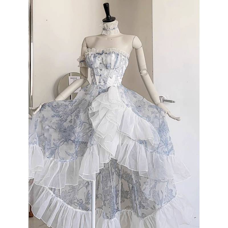 夏用子供用ブルー花柄aラインスカートワンピースその他ヴィンテージロリータロングスカート