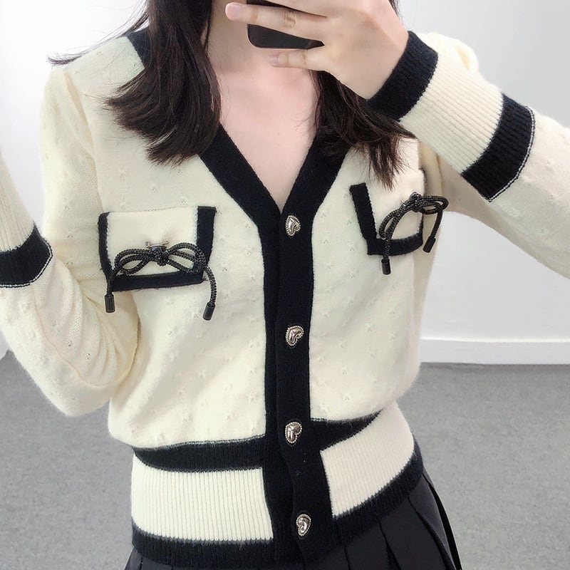 カーディガン レディース トップス 袖あり 長袖 Vネック バイカラー トリム ポケット リボン