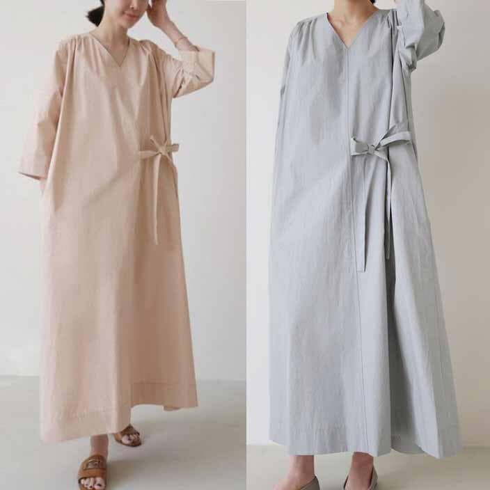 ロング丈ワンピース綿混コットンＶネックウエストリボン付きマキシ丈マキシワンピゆったりルームウェア