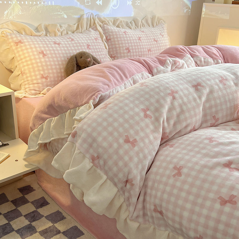 冬の厚手ミルクレーヨン4点セットサンゴレーヨンレース布団カバーシーツプラスレーヨンフランネルベッド3点セット 5,200円