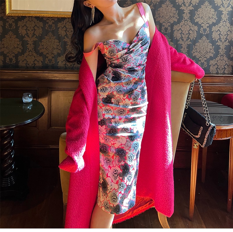 ポップ ローズ スリング 花柄 V ネック ボトム ドレス 秋服 ウエスト バッグ ヒップ スカート 女性 S M ワンピース 膝丈 ひざ丈 かわいい 大人可愛い きれいめ シンプル カジュアル