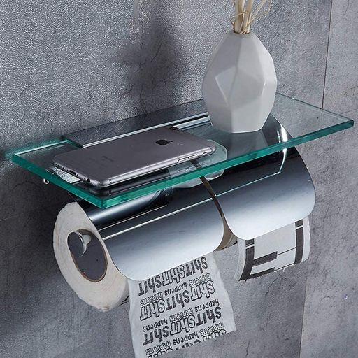 トイレットペーパーホルダー 紙巻器2連壁掛け式ソリッドブラス+ガラス製光沢のあるクロム仕上げシンプルスタイルトイレットおしゃれインテリア