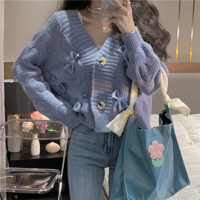 3color レディース リボン付きニットカーディガン トップス 羽織り Vネック 長袖