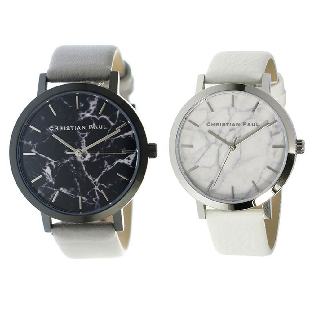 クリスチャンポール 時計 メンズ レディース ペアウォッチ 43mm 35mm ブラック/ホワイトマーブル 大理石柄 グレー ホワイト レザー MBB4302MRL-03 カップル 男女 ペアセット