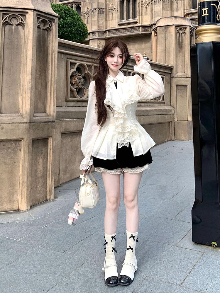 レディースシャツ 【急速出荷!!!】フレンチレースワンピース 春の新作ファッション セットアップ 小人数デザイントップス+パンツ