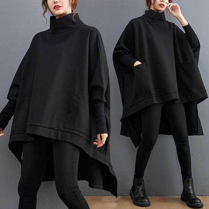 ２点で13o円OFF！【激安SALE】トレーナー レディース ハイネック ドルマン トップス 長袖 秋 春 冬 チュニック 前後差 不規則 タートル パーカー ロング丈 無地 大きいサイズ スウェット