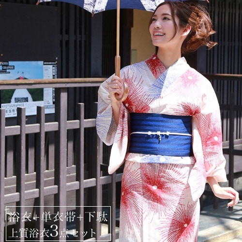 浴衣 レディース セット レトロ 綿麻浴衣3点セット アイボリーに赤と青の花火柄 花火柄