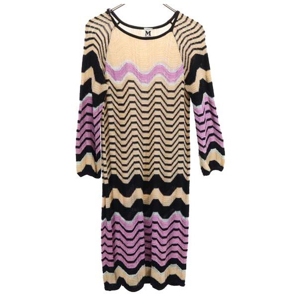 イタリア製 ウールブレンド 総柄 長袖 ニット ワンピース 42 ベージュ系 レディース