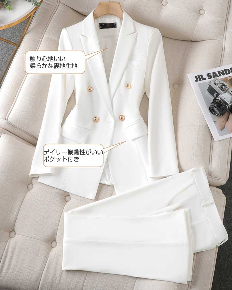 オールインワンセットアップセットアップ大きいサイズ ポケット付き ウエスト絞り ブラッ 折り襟 スーツ パンツスーツ セットアップ 2点セット 上下セット パンツ ダブルブレスト フレアパンツ 長