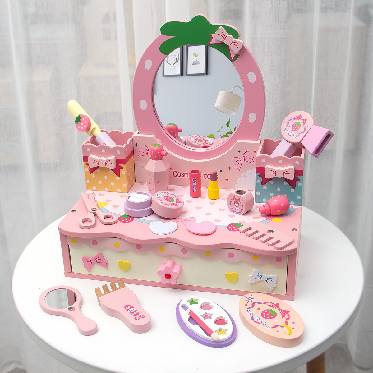 ドレスアップが大好きな女の子向けの木製子供用プレイハウスシミュレーションドレッシングテーブルプリンセスデスクトップメイクボックスおもちゃ3歳と6歳のギフト
