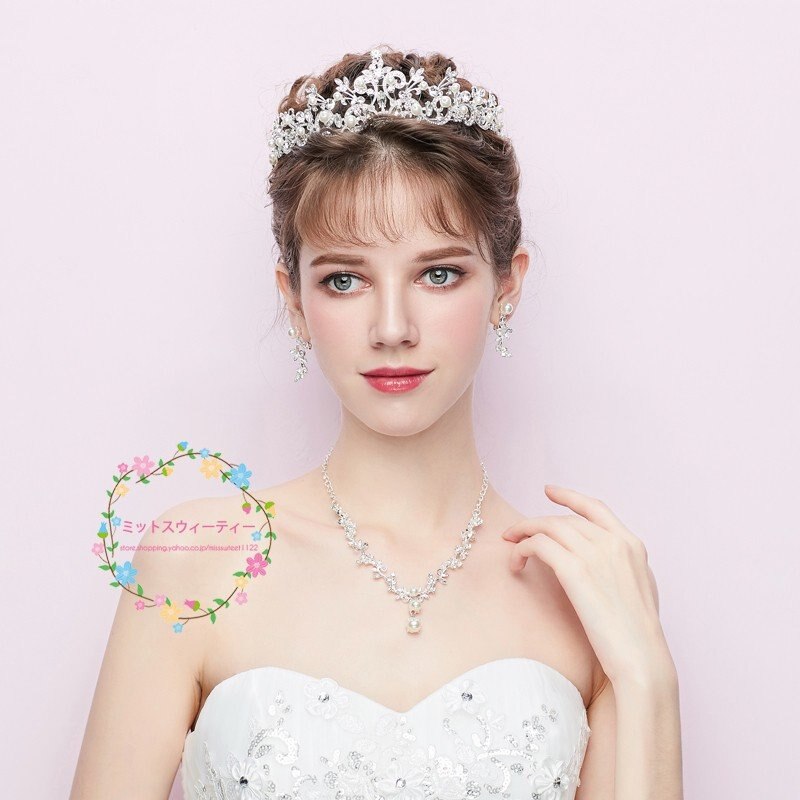 ティアラ クラウン ネックレス ピアス/イヤリング 3点セット 結婚式 髪飾り 花嫁 パーティー0