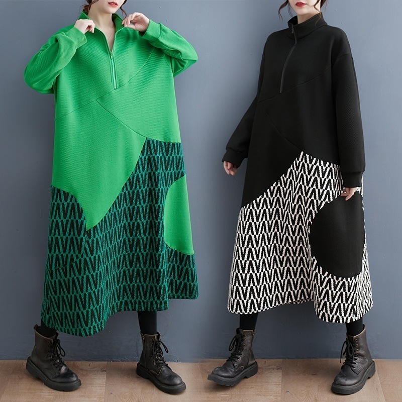 秋の新作 ワンピース 秋 ロングワンピース カラーブロッキング/ミドル丈/ゆったりプラスサイズ/ドレス