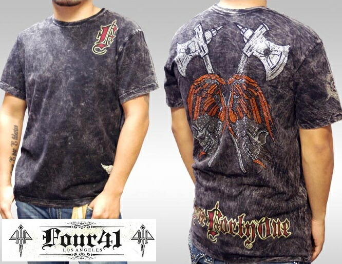 Four41 Los Angeles フォーフォーティーワン メンズ ラインストーン Tシャツ スカル アックス ブラック M-06 スワロフスキー インポート セレブ ブランド ストリート サーフ