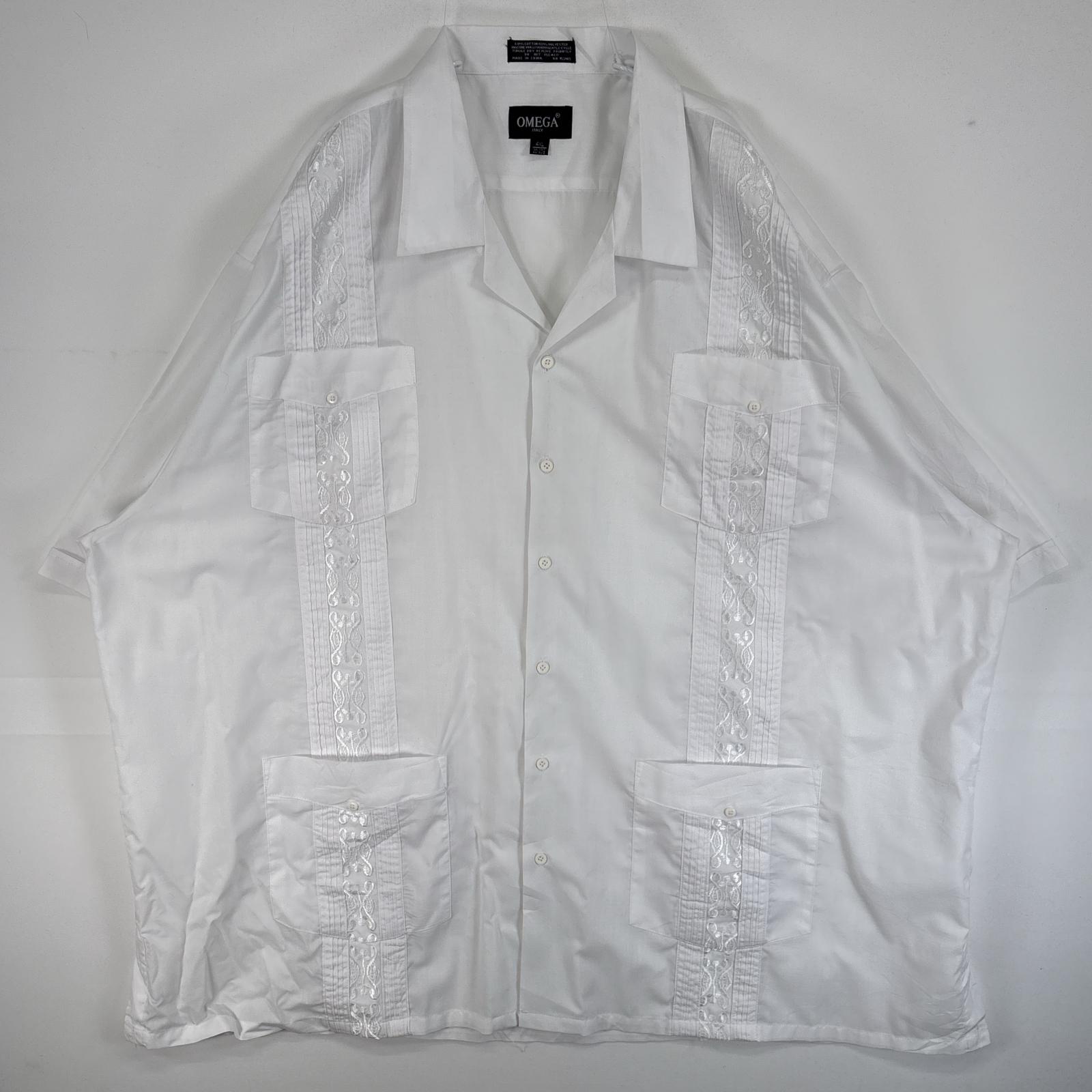 古着 半袖シャツ キューバ 4つポケ 刺繍デザイン 大きいサイズ 4XL ホワイト 総柄 メンズ