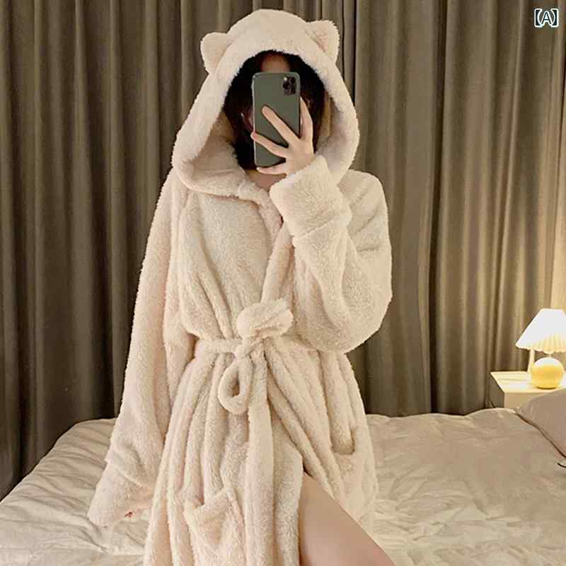 ガウン レディース 冬 かわいい シンプル セクシー 厚手 vネック フリル 旅行 ロング 長袖 ポケット レース襟 白 ピンク 水