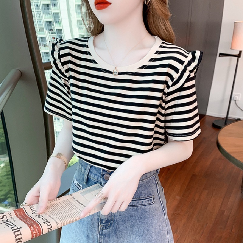 トップス Tシャツ ミディアム丈 袖あり 半袖 ラウンドネック 襟なし フリル かわいい カジュアル おしゃれ レトロ こなれ感 ラフ メンズライク スポーティー ラブリー キュート ルーズ 個性的