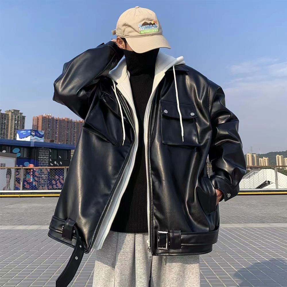 PU 皮ジャケット メンズ フェイクレイヤード フード付きアウター 春秋ファッション ゆったり トップス カジュアルコート