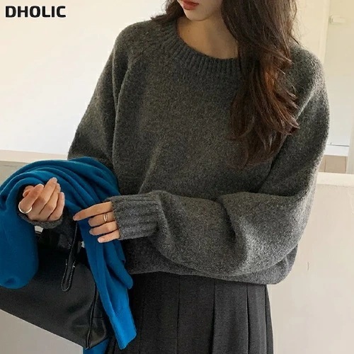 ウール混ラウンドネックオーバーサイズベーシック無地ニット・1947366