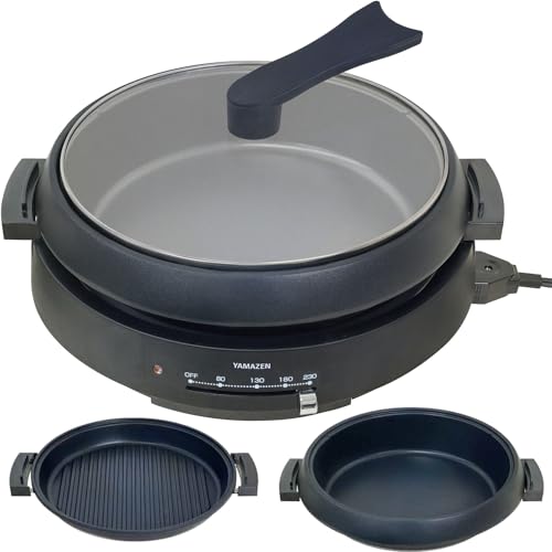 [山善] 電気鍋 グリル鍋 2WAY (深鍋/波型プレート) 鍋直径26cm 深さ6cm 23人用 1300W 直火対応 保温230℃ 着脱式プレート 自立蓋 ガラス蓋 ブラック YGF-W130(B