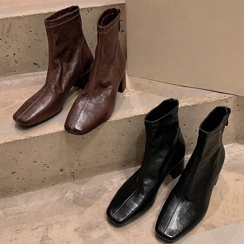 xinyuda牛革バージョンスクエアトゥレトロ本革スリムチェルシーブーツ万能太ヒールショートブーツレディース