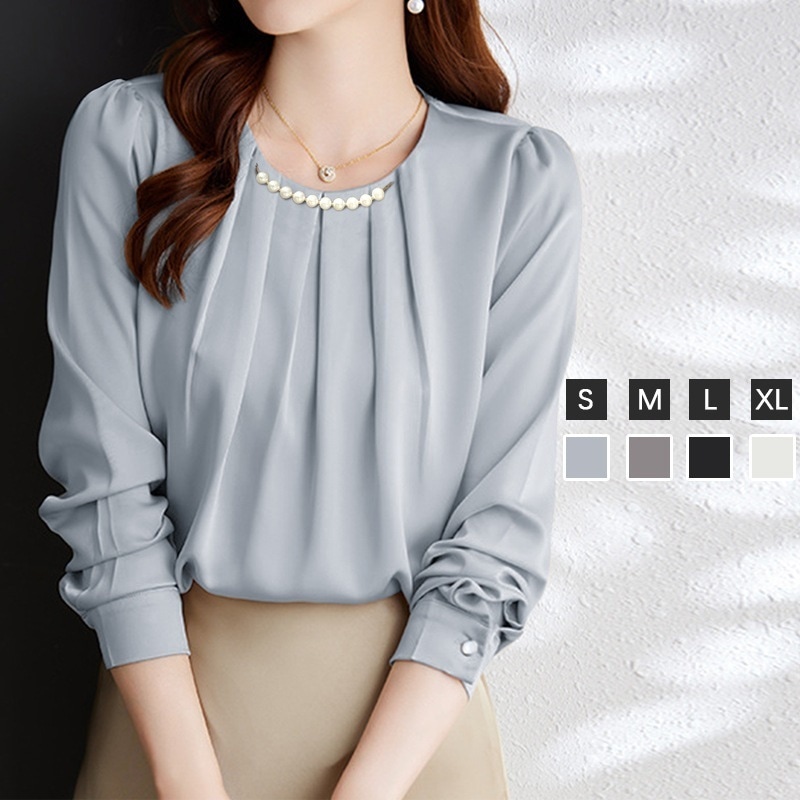 【女性大人気】 ビーズ ギャザー 通勤 柔軟加工 ラウンドネック 大人可愛い 主役級 おしゃれ度アップ お買い得 ブラウス