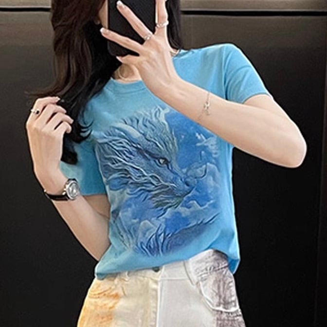 レディース トップス カットソー Tシャツ ショート 半袖 ドラゴン ラウンドネック タイト スリム 細身 カジュアル かっこいい レトロ アジアン エスニック エキゾチック こなれ感 ラフ 個性的