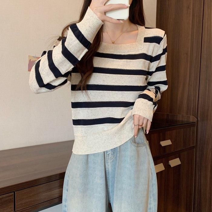 長袖ニット ボーダー レディース スクエアネック 配色 トップス ニット セーター 長袖 プルオーバー ストライプ 薄手 体型カバー