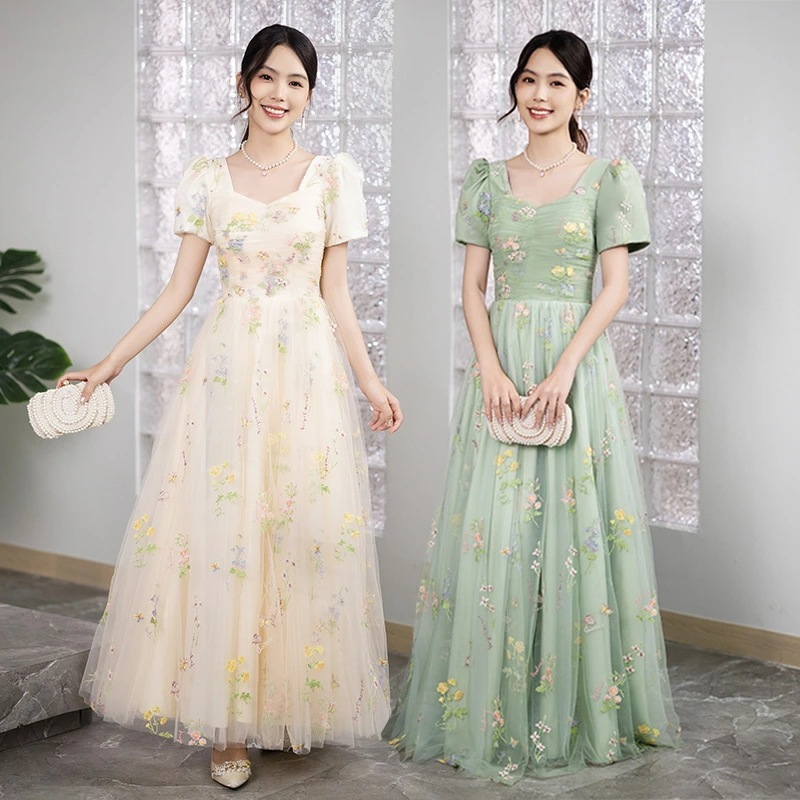 パーティードレス おしゃれ エレガント 上品 きれいめ 成人式 ２色 イブニングドレス 着痩せ ロングドレス チュールスカート 礼服 イブニングドレス 舞台演出 音楽会 演奏会 花柄 メッシュ 森系