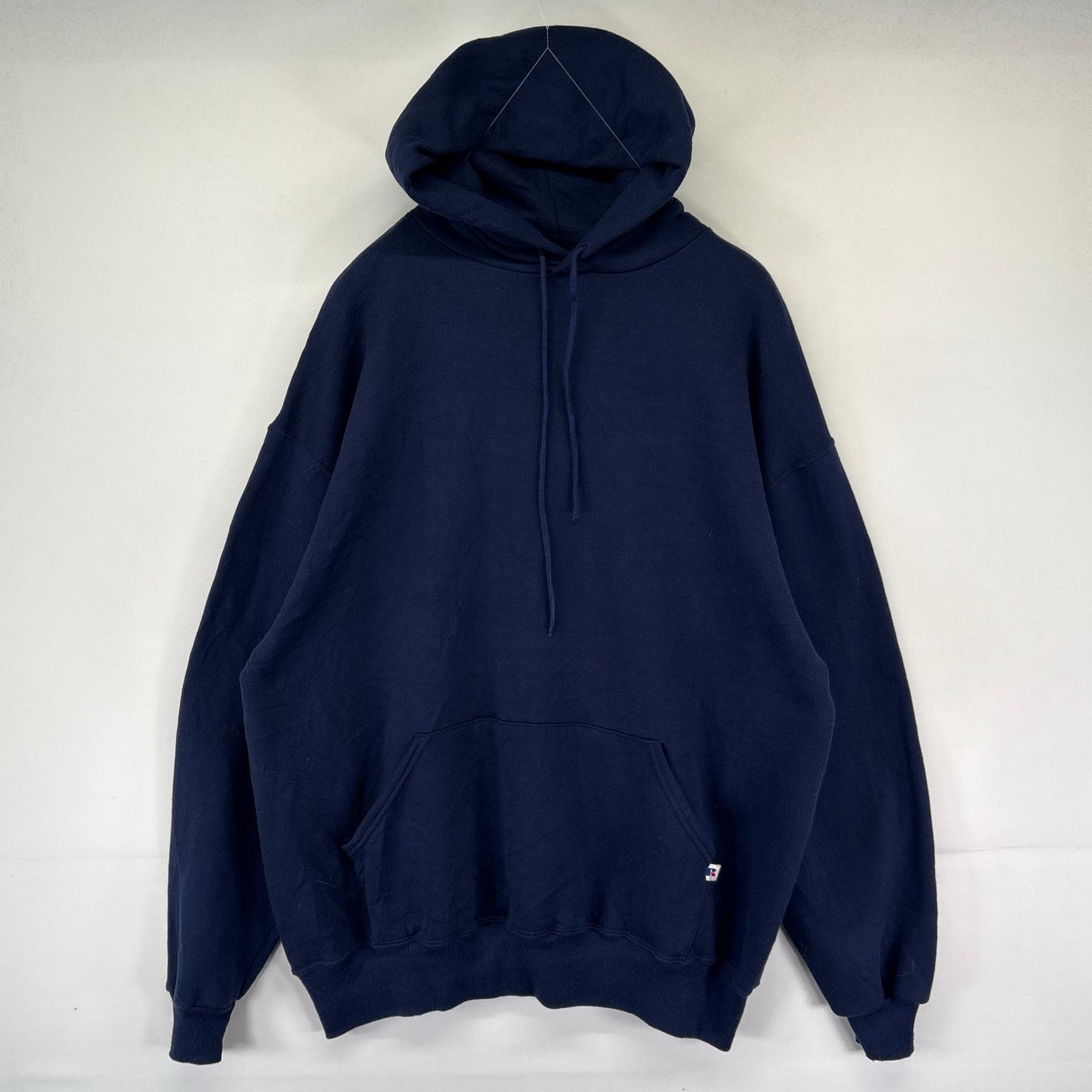 古着 USA製 パーカー プルオーバー 大きいサイズ フーディ スウェット ワンポイントロゴ 2XL ネイビー系 メンズ
