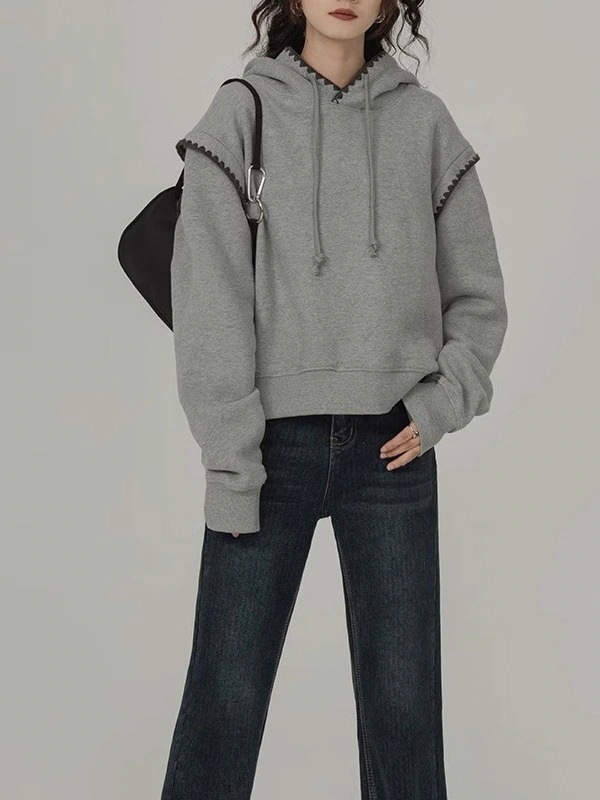 パーカー グレー デザイン感でキャップを厚くした衛衣女秋冬 新作ショート丈トップス マウンテンパーカー