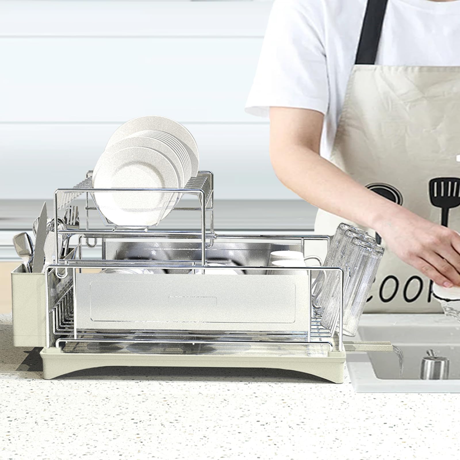 ママ倉 食器 水切りラック 2段 食器 水切りかご 食器乾燥 収納 D30*W42*H27 省スペース グラススタンド 大容量 ステンレス鋼 汚れに強い 錆に強い 組み立て簡単 ベージュグレー