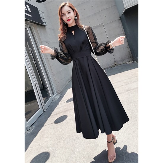 【取寄：納期2週間】結婚式ドレス パーティードレス 小さいサイズ XS 大きいサイズ XL 2XL 長袖 ランタンスリーブ スリムフィット Uネック Aラインスカート シンプル エレガント きれいめ