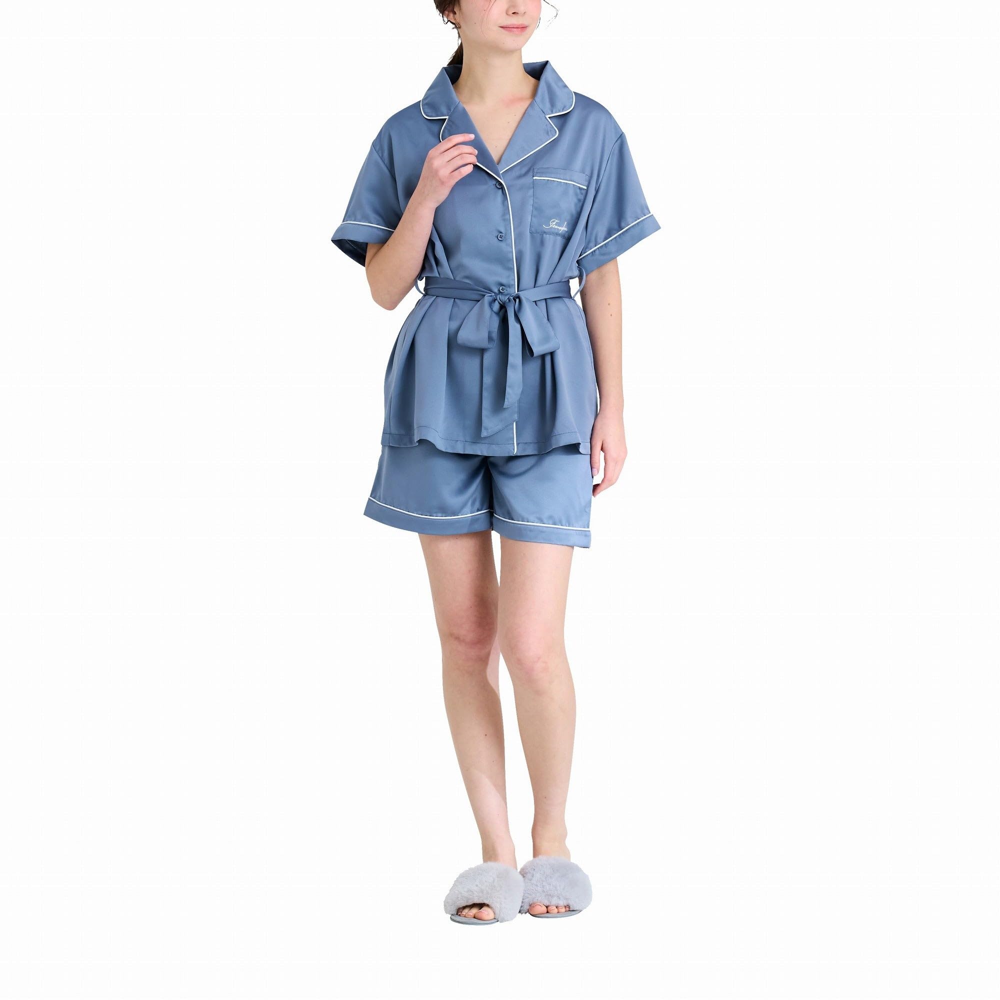 [Francfranc] フランフラン ヒアルロン酸加工ロゴ刺繍 半袖半ズボンパジャマ ブルー 2025年モデル ルームウェア リラックスウェア 上下セット