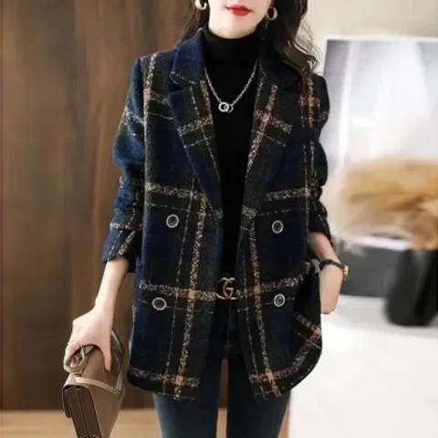 Plus Size Women s Clothing 2024 Winter New Fashion Korean Style Slim Retro Plaid Splicing Woolen Clo