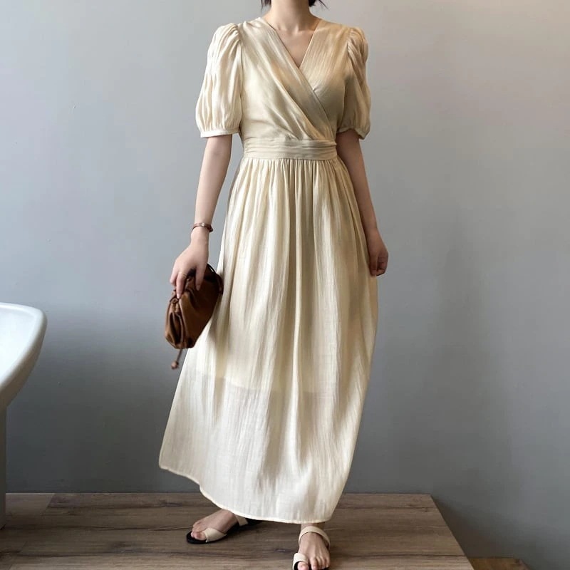 ワンピース ミモレ丈 ミディアム丈 袖あり 半袖 パフスリーブ Vネック カシュクール Aライン 大人可愛い きれいめ シンプル カジュアル 大人 上品 おしゃれ レトロ 大人女子 セクシー 無地 l