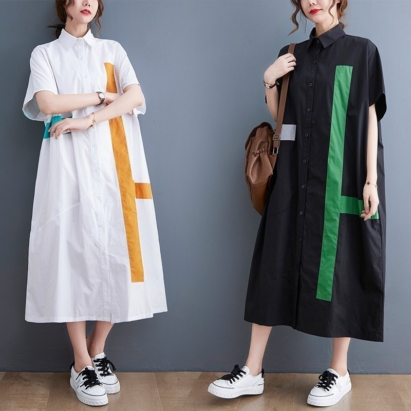 半袖/ワンピース/夏ワンピース/大きいサイズ/婦人服/ミドル丈/綿麻/シャツワンピース