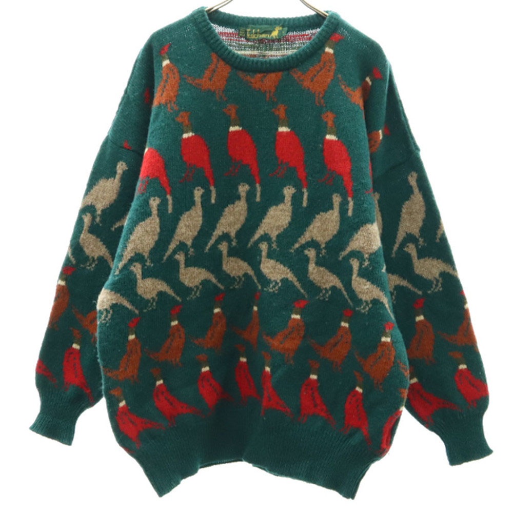タルチャン 90s オールド 鳥柄 長袖 クルーネック ウール セーター L グリーン系 Tulchan ニット PURE NEW WOOL メンズ
