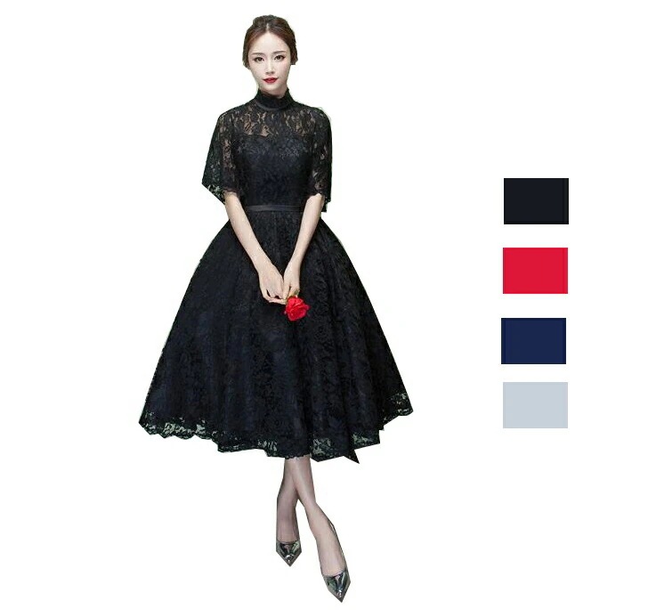 4色選択可 立ち襟 ミモレ丈ドレス ウエディングドレス パーティードレス ミディアムワンピース フォーマルドレス ひざ下丈ワンピース お呼ばれドレス 二次会 演奏会 発表会 結婚式 忘年会 司会者 二