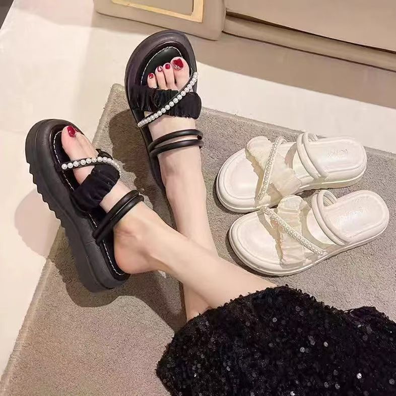 【3日出荷】サンダル 厚底 パール 真珠飾り ローマ風 夏 レディース サンダル 可愛い スリッパファッション は背を高めます厚底スリッパ 穴靴 女性 軟底 ファッションは しいスリ ッパを履きます