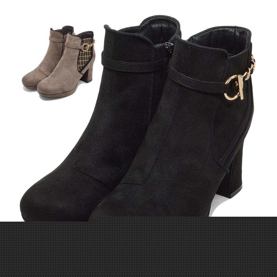 byあしながおじさん ブーツ レディース 厚底ヒールアップショートブーツ 8700173 チェック ベルト サイドゴア