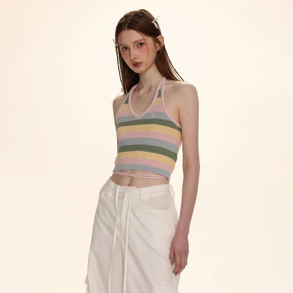 モロモロマカロン カラーコントラストストライプ キャミソール レディース 夏 アウター ホルターネック ショート ニット トップス