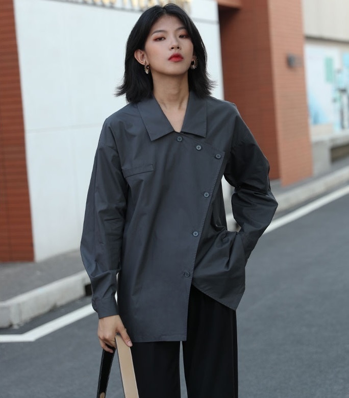 高級シャツ レディース ニッチ レトロ 香港スタイル 長袖 秋 冬 ホットスタイル ダークグレー S