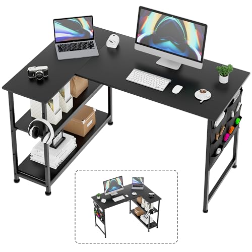 省スペースL字型デスク 幅107cm ラック付き ブラック