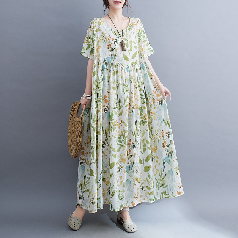 レディース ワンピース ミモレ ロング 5分袖 Uネック 裾ワイド かわいい 大人可愛い カジュアル おしゃれ ラフ ガーリー ルーズ キュート ベーシック ナチュラル リラックス リーフ 総柄 春