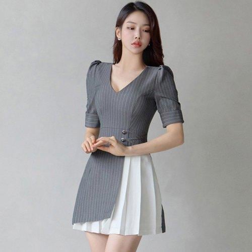 キャバドレス ナイトドレス ミニドレス ワンピース 半袖 ウエストマーク Vネック ストライプ プリーツ レースアップ レディース グラシア